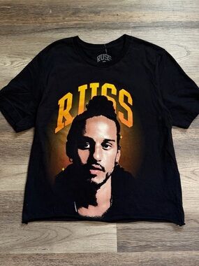 Russ Black Short Sleeve Tee with Yellow and Orange Portrait Graphic